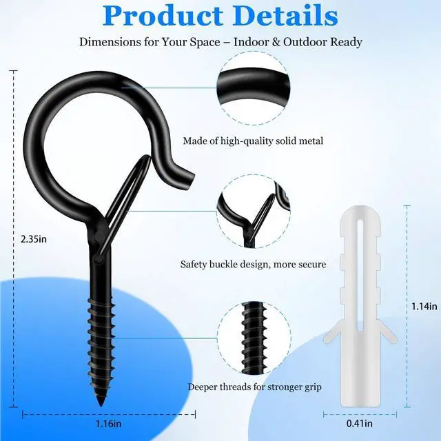 Alt view image 2 of 7 - 36-Pack Black Screw Hooks with Safety Buckles, 40-lb Capacity | 2.3-inch rust-resistant ceiling hooks; 36 anchors and storage case; for plants, string lights, baskets, and outdoor decor