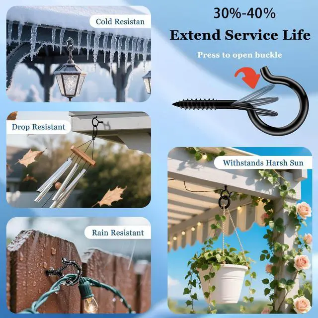 Alt view image 3 of 7 - 36-Pack Black Screw Hooks with Safety Buckles, 40-lb Capacity | 2.3-inch rust-resistant ceiling hooks; 36 anchors and storage case; for plants, string lights, baskets, and outdoor decor
