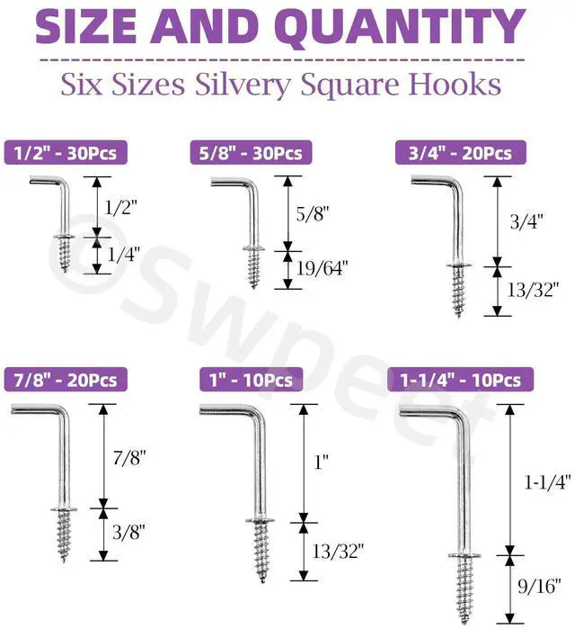 Alt view image 2 of 7 - 120Pcs 6 Sizes Silver Metal Screw-in Square Bend Hooks Kit, Square Bend Hooks L Shaped Self-Tapping Screws Hooks L Type Photo Frame Right Angle Hook for Home/Workplace/Office Hanging