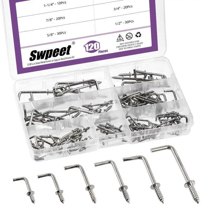 Main image of 120Pcs 6 Sizes Silver Metal Screw-in Square Bend Hooks Kit, Square Bend Hooks L Shaped Self-Tapping Screws Hooks L Type Photo Frame Right Angle Hook for Home/Workplace/Office Hanging