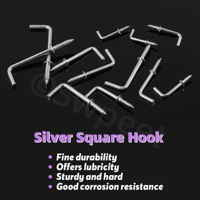 Alt view image 3 of 7 - 120Pcs 6 Sizes Silver Metal Screw-in Square Bend Hooks Kit, Square Bend Hooks L Shaped Self-Tapping Screws Hooks L Type Photo Frame Right Angle Hook for Home/Workplace/Office Hanging