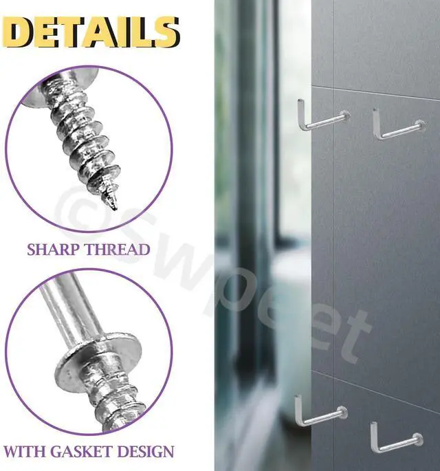 Alt view image 4 of 7 - 120Pcs 6 Sizes Silver Metal Screw-in Square Bend Hooks Kit, Square Bend Hooks L Shaped Self-Tapping Screws Hooks L Type Photo Frame Right Angle Hook for Home/Workplace/Office Hanging