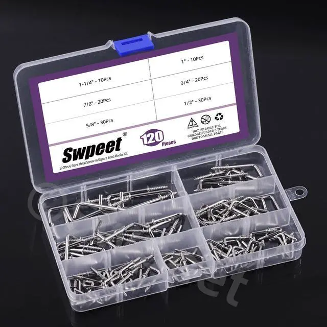 Alt view image 5 of 7 - 120Pcs 6 Sizes Silver Metal Screw-in Square Bend Hooks Kit, Square Bend Hooks L Shaped Self-Tapping Screws Hooks L Type Photo Frame Right Angle Hook for Home/Workplace/Office Hanging