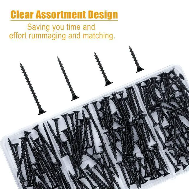 Alt view image 2 of 7 - Drywall Screws Assortment Kit, #6 Black Wood Screws for Sheetrock,165pcs Picture Hanging Kit for Frame Painting Art Photo, Phillips Coarse Dry Wall Screw 4 Sizes 1",1-1/4",1-5/8",2"