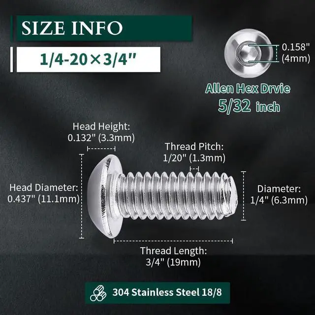 Alt view image 3 of 7 - 1/4-20 x 3/4" Button Head Socket Cap Bolts Screws, 304 Stainless Steel 18-8, Allen Hex Drive, Bright Finish, Fully Machine Thread, Pack of 25
