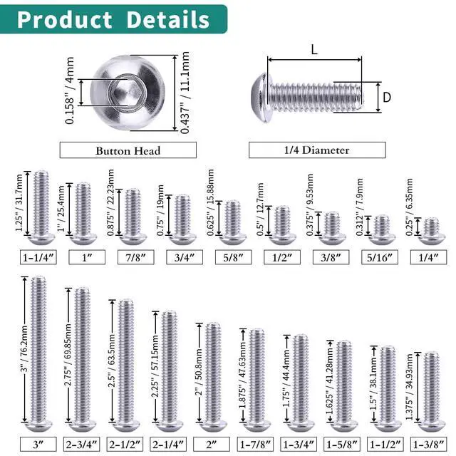 Alt view image 4 of 7 - 1/4-20 x 3/4" Button Head Socket Cap Bolts Screws, 304 Stainless Steel 18-8, Allen Hex Drive, Bright Finish, Fully Machine Thread, Pack of 25