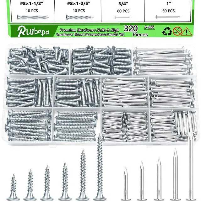 Main image of 320Pcs Premium Hardware Nails & High Hardness Wood Screws Assortment Kit, 11 Sizes (1/2"-2"),Phillips Drive Flat Head, Wood Screws, Galvanized, Picture Hanging, Wood, Common Nails with Storage Box