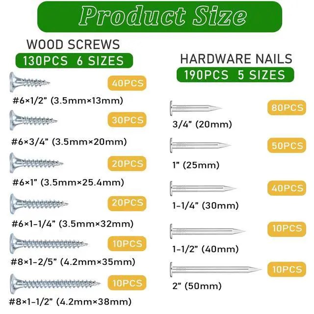 Alt view image 2 of 6 - 320Pcs Premium Hardware Nails & High Hardness Wood Screws Assortment Kit, 11 Sizes (1/2"-2"),Phillips Drive Flat Head, Wood Screws, Galvanized, Picture Hanging, Wood, Common Nails with Storage Box
