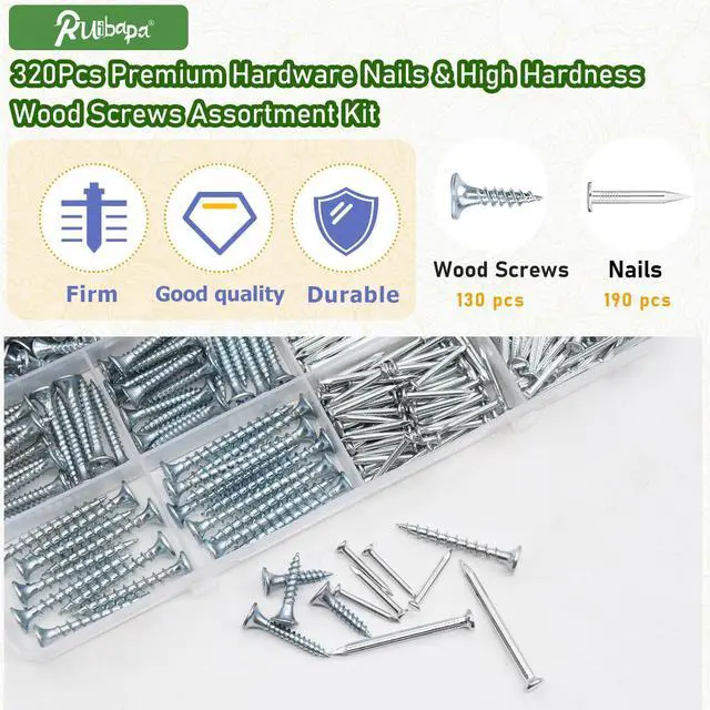 Alt view image 5 of 6 - 320Pcs Premium Hardware Nails & High Hardness Wood Screws Assortment Kit, 11 Sizes (1/2"-2"),Phillips Drive Flat Head, Wood Screws, Galvanized, Picture Hanging, Wood, Common Nails with Storage Box