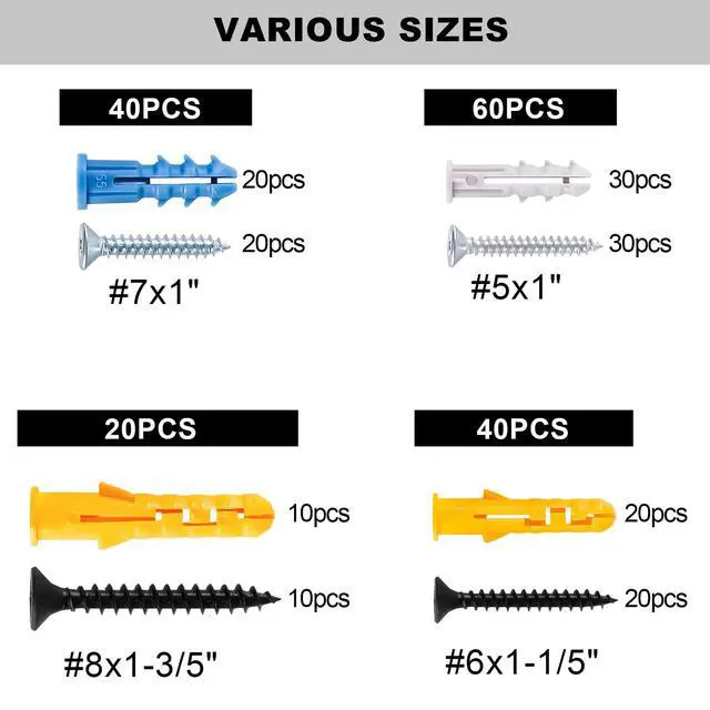 Alt view image 2 of 7 - Drywall Anchors and Screws Assortment Kit, 160Pcs Dry Wall Anchors | 80 Plastic Wall Expansion Anchors and 80 Phillips Flat Head Wood Screws, Home Improvement Hardware for Picture/Art Decor