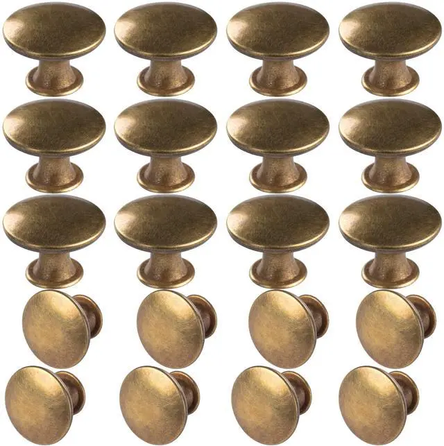 Main image of 6 Pack Antique Brass Kitchen Cabinet Knobs Round Drawer Pulls | antique brass knobs for kitchen cabinets, dressers, bathroom doors. Includes 3 screw lengths, 6 sets each.