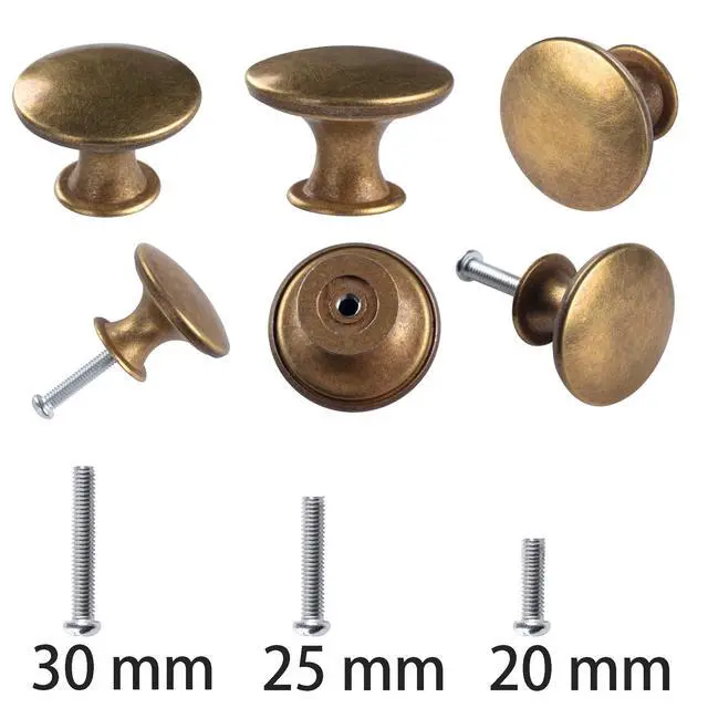 Alt view image 5 of 5 - 6 Pack Antique Brass Kitchen Cabinet Knobs Round Drawer Pulls | antique brass knobs for kitchen cabinets, dressers, bathroom doors. Includes 3 screw lengths, 6 sets each.