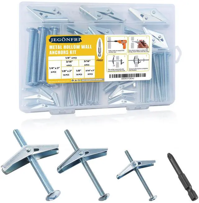 Main image of Toggle Bolts for Drywall 30 Sets, 3 Sizes Hollow Wall Anchors Kit with Bit | Heavy Duty Carbon Steel Withstands Rust, Wing Nuts Open Behind Wall for Even Hold, Ideal for Ceilings, Shelves & Lights