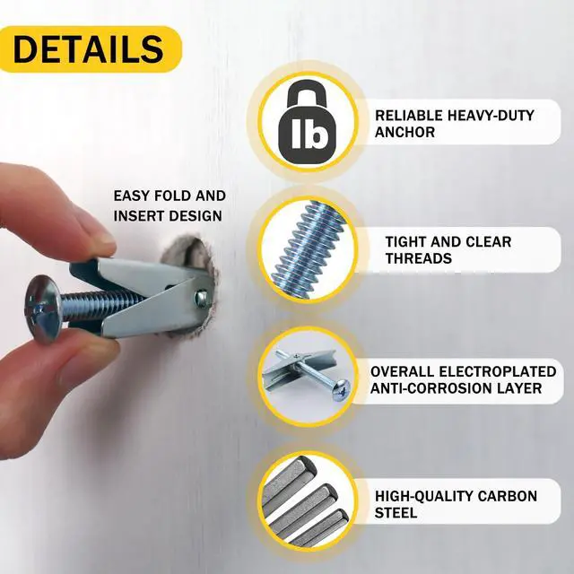 Alt view image 2 of 7 - Toggle Bolts for Drywall 30 Sets, 3 Sizes Hollow Wall Anchors Kit with Bit | Heavy Duty Carbon Steel Withstands Rust, Wing Nuts Open Behind Wall for Even Hold, Ideal for Ceilings, Shelves & Lights