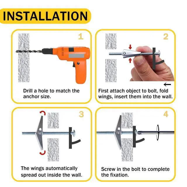 Alt view image 5 of 7 - Toggle Bolts for Drywall 30 Sets, 3 Sizes Hollow Wall Anchors Kit with Bit | Heavy Duty Carbon Steel Withstands Rust, Wing Nuts Open Behind Wall for Even Hold, Ideal for Ceilings, Shelves & Lights