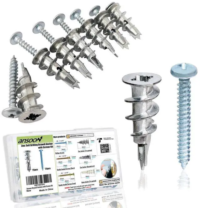 Main image of 50Pcs Metal Self Drilling Drywall Anchors Heavy Duty with Screws Kit | 25 Heavy Duty Metal Wall Anchors for Drywall with 25 #8 x 1-1/4'' Screws ,No Pre Drill Hole Required, Holds Upto 75lbs