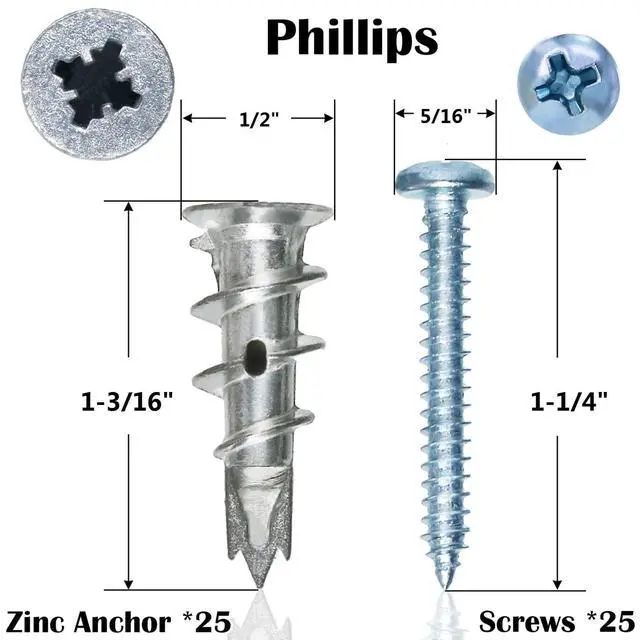 Alt view image 2 of 7 - 50Pcs Metal Self Drilling Drywall Anchors Heavy Duty with Screws Kit | 25 Heavy Duty Metal Wall Anchors for Drywall with 25 #8 x 1-1/4'' Screws ,No Pre Drill Hole Required, Holds Upto 75lbs