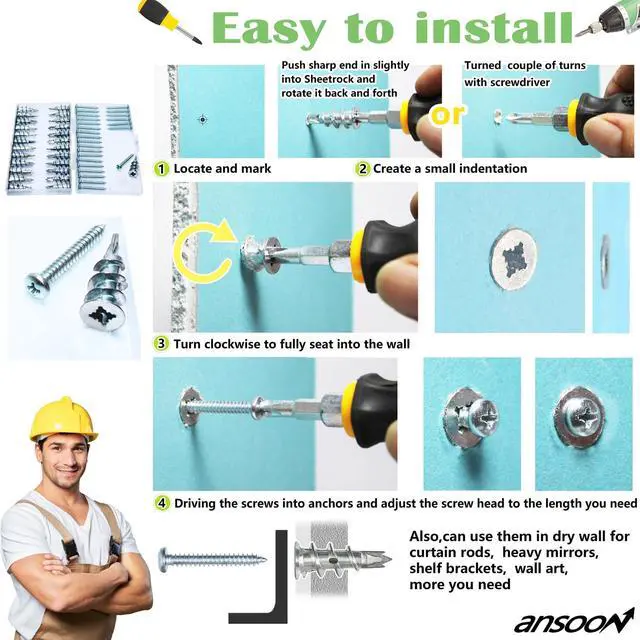 Alt view image 4 of 7 - 50Pcs Metal Self Drilling Drywall Anchors Heavy Duty with Screws Kit | 25 Heavy Duty Metal Wall Anchors for Drywall with 25 #8 x 1-1/4'' Screws ,No Pre Drill Hole Required, Holds Upto 75lbs