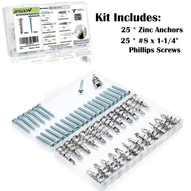 Alt view image 7 of 7 - 50Pcs Metal Self Drilling Drywall Anchors Heavy Duty with Screws Kit | 25 Heavy Duty Metal Wall Anchors for Drywall with 25 #8 x 1-1/4'' Screws ,No Pre Drill Hole Required, Holds Upto 75lbs