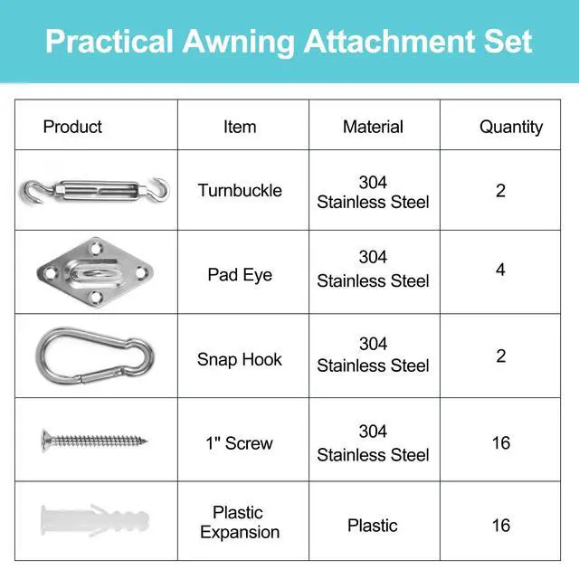 Alt view image 4 of 7 - Awning Attachment Set, Heavy Duty Sun Shade Sail Stainless Steel Hardware Kit for Garden Triangle and Square, Rectangle, Sun Shade Sail Fixing Accessories