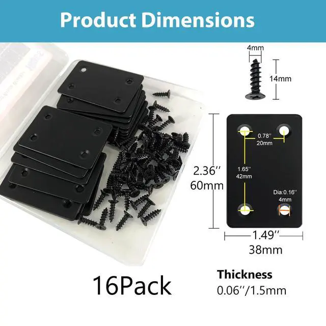 Alt view image 2 of 6 - 16 Pack Stainless Steel Flat Mending Plate 2.36x1.49'', Thickness 1.5mm Straight Stainless Steel Brace Bracket, Fixing Joining Plate for Wood Furniture Fastening & Fixing