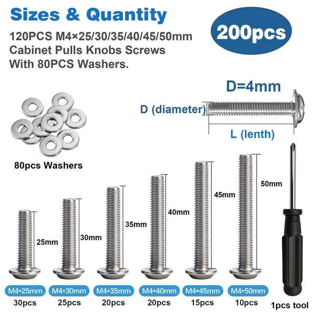 Alt view image 2 of 7 - 200PCS M4 Cabinet Pulls Knobs Screws,M4 Machine Screws,M4×25/30/35/40/45/50mm Phillips Pan Head Drawer Screws with 80PCS Washers for Kitchen,Bathroom,Furniture Handles Install