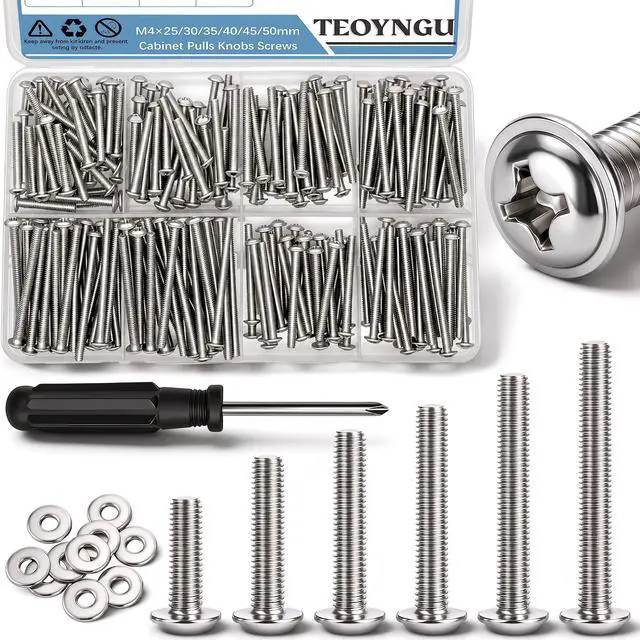 Main image of 200PCS M4 Cabinet Pulls Knobs Screws,M4 Machine Screws,M4×25/30/35/40/45/50mm Phillips Pan Head Drawer Screws with 80PCS Washers for Kitchen,Bathroom,Furniture Handles Install