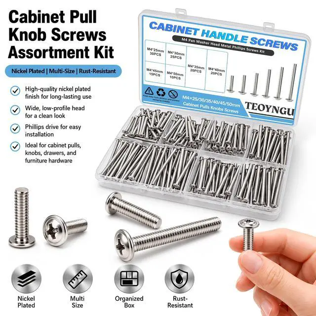 Alt view image 3 of 7 - 200PCS M4 Cabinet Pulls Knobs Screws,M4 Machine Screws,M4×25/30/35/40/45/50mm Phillips Pan Head Drawer Screws with 80PCS Washers for Kitchen,Bathroom,Furniture Handles Install