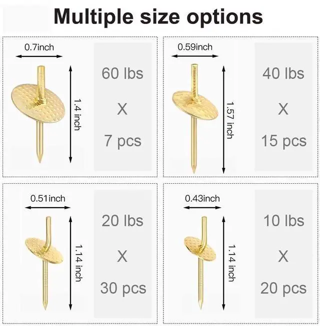 Alt view image 2 of 7 - 72 pcs Picture Hangers with 10-60lbs, 4 Different Size Picture Hangers, Iron Alloy Nail Hooks, Plaster Picture Hanging Kit on Wooden/Drywall Hanging Hardware for Clock, Mirror, Jewelry
