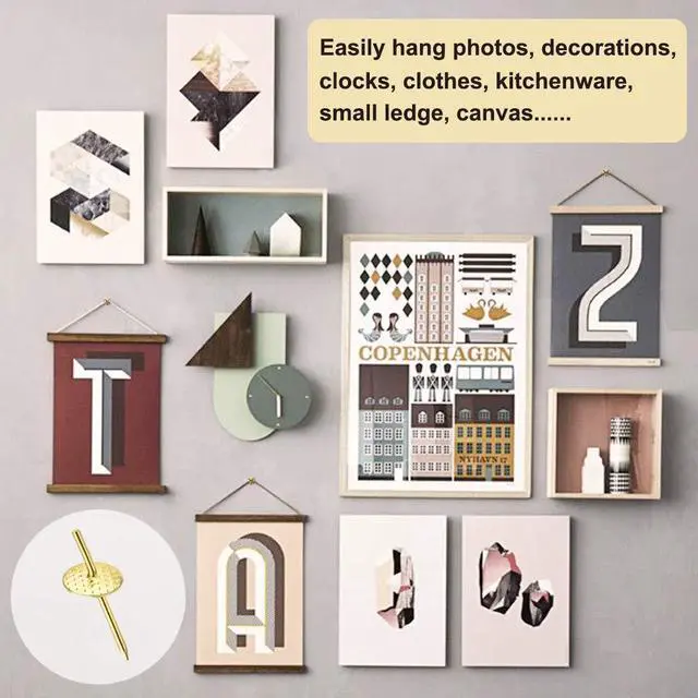 Alt view image 3 of 7 - 72 pcs Picture Hangers with 10-60lbs, 4 Different Size Picture Hangers, Iron Alloy Nail Hooks, Plaster Picture Hanging Kit on Wooden/Drywall Hanging Hardware for Clock, Mirror, Jewelry