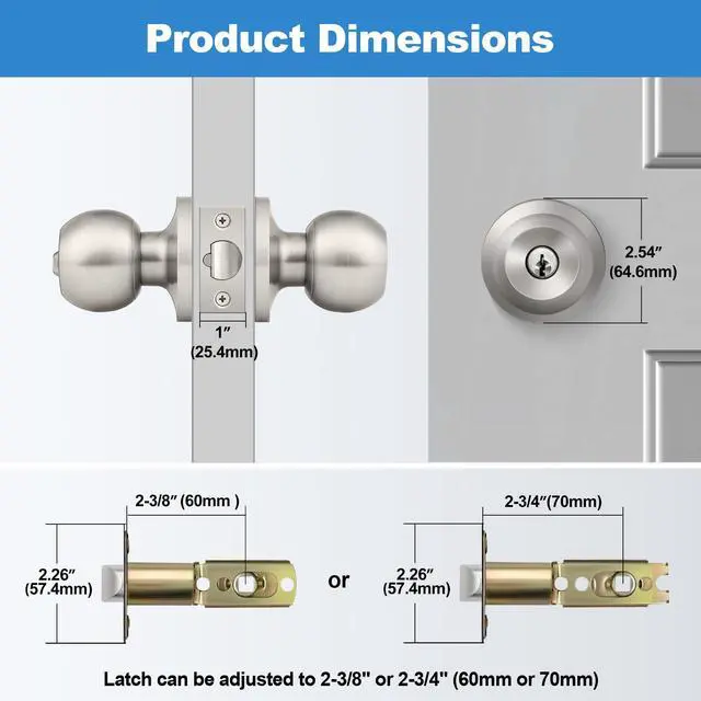 Alt view image 3 of 7 - Keyed Entry Door Knob with Lock, Heavy Duty Interior and Exterior Door Lock, Standard Ball, Satin Nickel