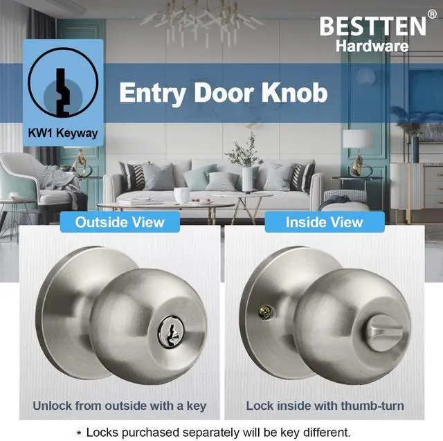 Alt view image 6 of 7 - Keyed Entry Door Knob with Lock, Heavy Duty Interior and Exterior Door Lock, Standard Ball, Satin Nickel