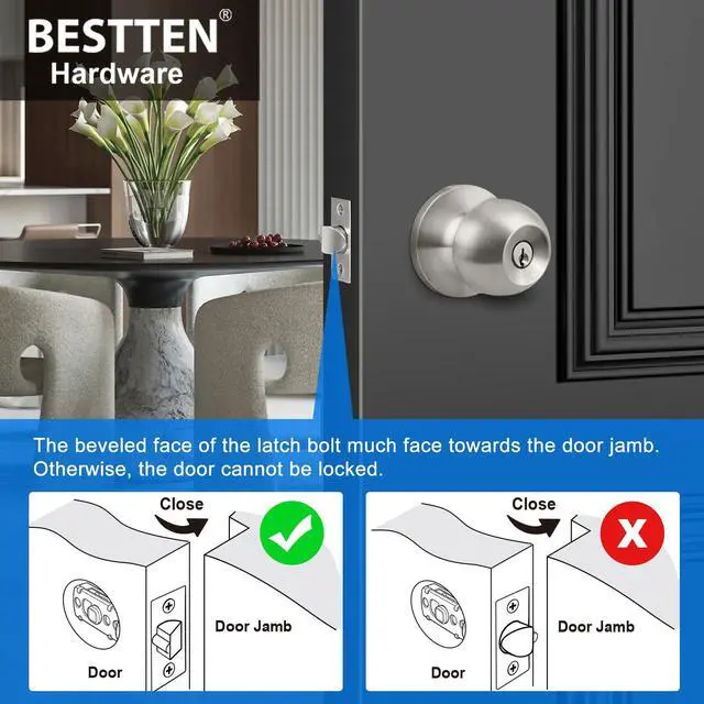Alt view image 7 of 7 - Keyed Entry Door Knob with Lock, Heavy Duty Interior and Exterior Door Lock, Standard Ball, Satin Nickel