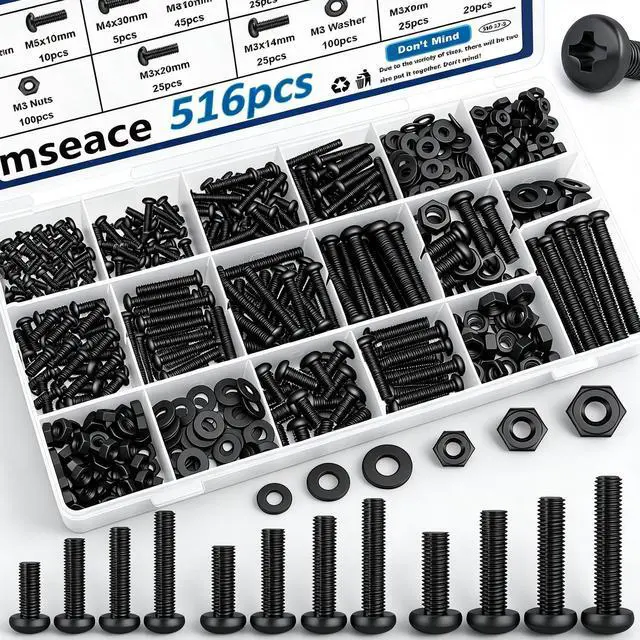 Main image of 516Pcs Black Nuts and Bolts Assortment Kit 21-Sizes M3/M4/M5/M6 Nut Bolt Washer Assortment Kit for Machinery, Furniture, Automotive, Motorcycle Repairs