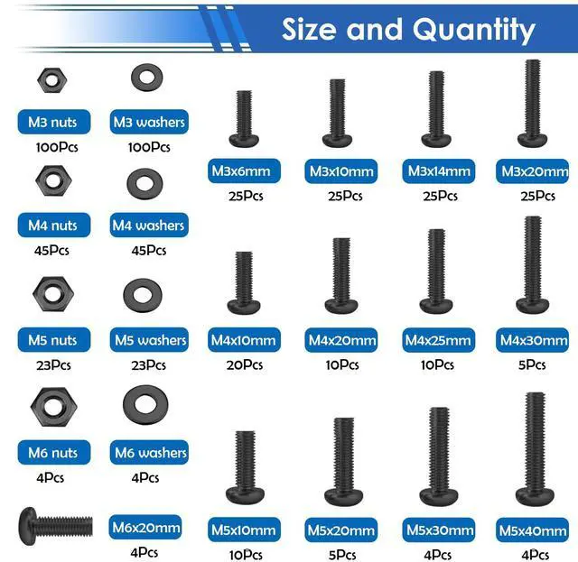 Alt view image 2 of 6 - 516Pcs Black Nuts and Bolts Assortment Kit 21-Sizes M3/M4/M5/M6 Nut Bolt Washer Assortment Kit for Machinery, Furniture, Automotive, Motorcycle Repairs