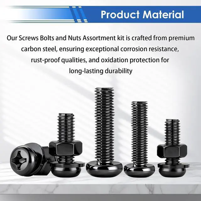Alt view image 3 of 6 - 516Pcs Black Nuts and Bolts Assortment Kit 21-Sizes M3/M4/M5/M6 Nut Bolt Washer Assortment Kit for Machinery, Furniture, Automotive, Motorcycle Repairs