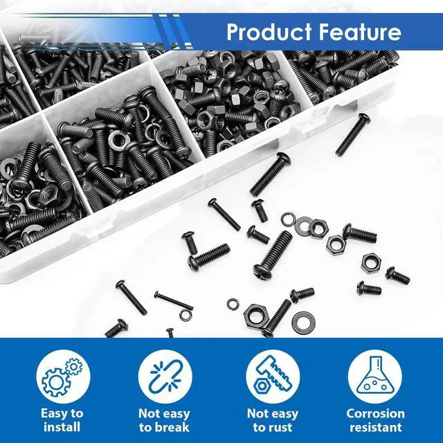 Alt view image 4 of 6 - 516Pcs Black Nuts and Bolts Assortment Kit 21-Sizes M3/M4/M5/M6 Nut Bolt Washer Assortment Kit for Machinery, Furniture, Automotive, Motorcycle Repairs