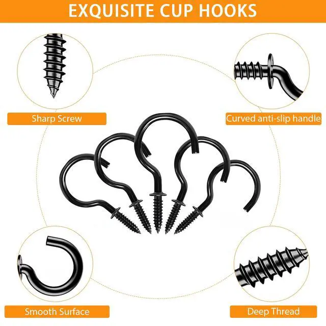 Alt view image 2 of 6 - 120pcs Screw Hooks, 1 Inch Metal Screw in Cup Hooks,Wall Cup Hook for Hanging Plant, Mug, Coffee Cups, kitchenware,String Light Decors, Indoor & Outdoor, Black