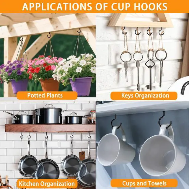 Alt view image 6 of 6 - 120pcs Screw Hooks, 1 Inch Metal Screw in Cup Hooks,Wall Cup Hook for Hanging Plant, Mug, Coffee Cups, kitchenware,String Light Decors, Indoor & Outdoor, Black