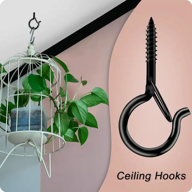 Alt view image 5 of 6 - 20-Pack 2.3-Inch Black Screw Hooks with Safety Locks, 40 lb Load | Coated steel ceiling hooks; storage case and plastic caps; for hanging plants, baskets, string lights, and outdoor decor