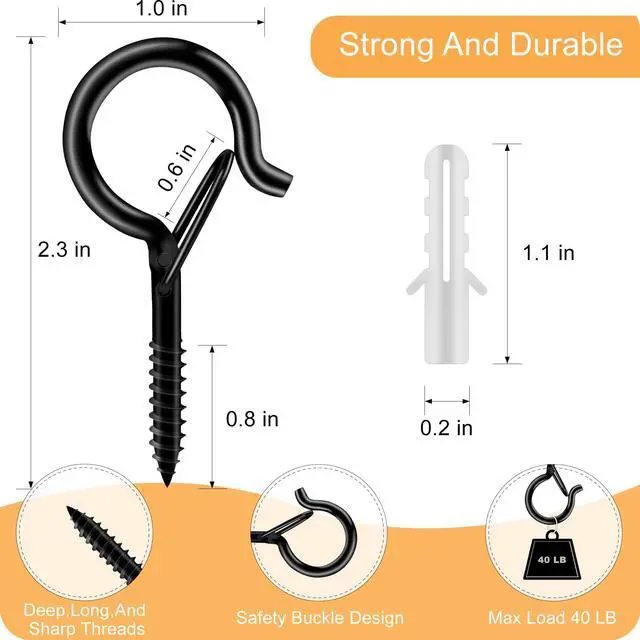 Alt view image 6 of 6 - 20-Pack 2.3-Inch Black Screw Hooks with Safety Locks, 40 lb Load | Coated steel ceiling hooks; storage case and plastic caps; for hanging plants, baskets, string lights, and outdoor decor