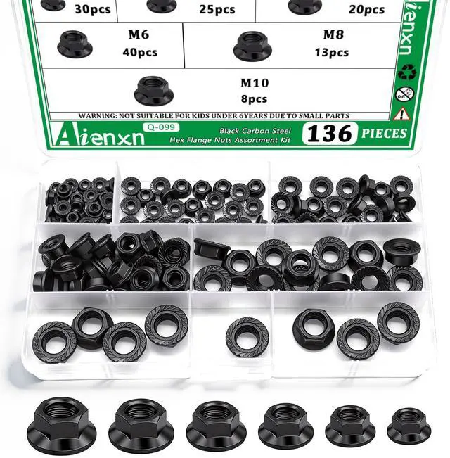 Main image of 136PCS 6 Metric Sizes Black Carbon Steel Hex Flange Nuts Assortment Kit -M3, M4, M5, M6, M8, M10