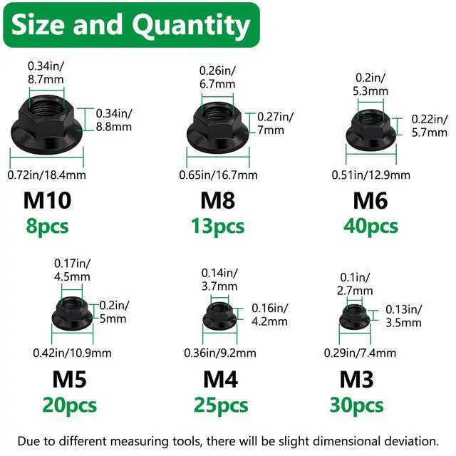 Alt view image 2 of 6 - 136PCS 6 Metric Sizes Black Carbon Steel Hex Flange Nuts Assortment Kit -M3, M4, M5, M6, M8, M10