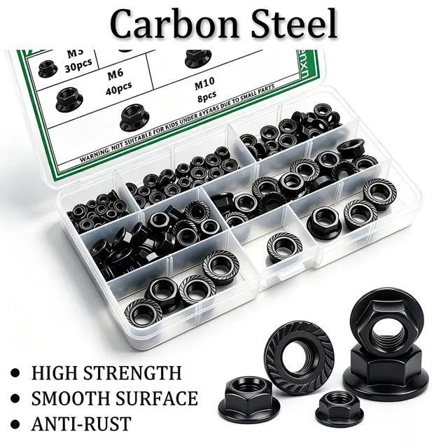 Alt view image 3 of 6 - 136PCS 6 Metric Sizes Black Carbon Steel Hex Flange Nuts Assortment Kit -M3, M4, M5, M6, M8, M10