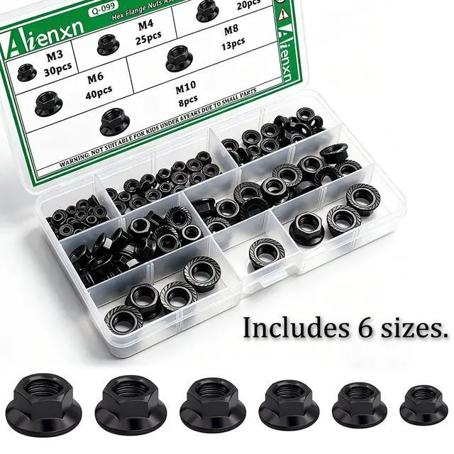 Alt view image 5 of 6 - 136PCS 6 Metric Sizes Black Carbon Steel Hex Flange Nuts Assortment Kit -M3, M4, M5, M6, M8, M10