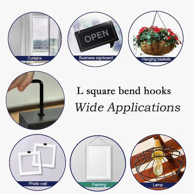Alt view image 2 of 6 - Gun Black 2 Inch Square Bend Hooks Screw Hooks L Hooks Screw in for Hanging Heavy Duty Wall Mounting Hardware30PCS