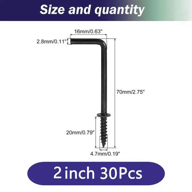 Alt view image 4 of 6 - Gun Black 2 Inch Square Bend Hooks Screw Hooks L Hooks Screw in for Hanging Heavy Duty Wall Mounting Hardware30PCS