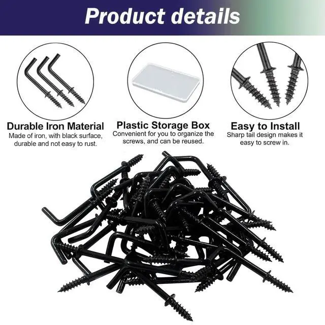 Alt view image 5 of 6 - Gun Black 2 Inch Square Bend Hooks Screw Hooks L Hooks Screw in for Hanging Heavy Duty Wall Mounting Hardware30PCS
