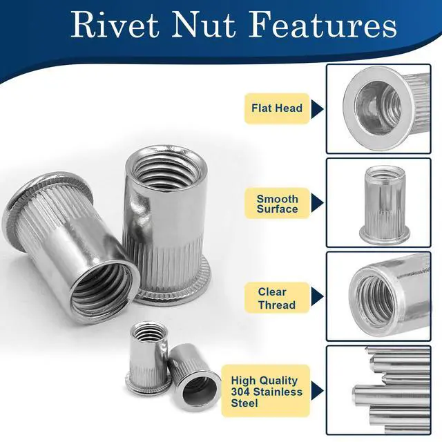 Alt view image 4 of 7 - 1/4-20 Rivet Nut,88Pcs Stainless Steel 304 Threaded Insert Rivnuts | 1/4 rivet nuts, flat head pressure rivi nutsert, 304 SS SAE threaded insert revit nut for metal