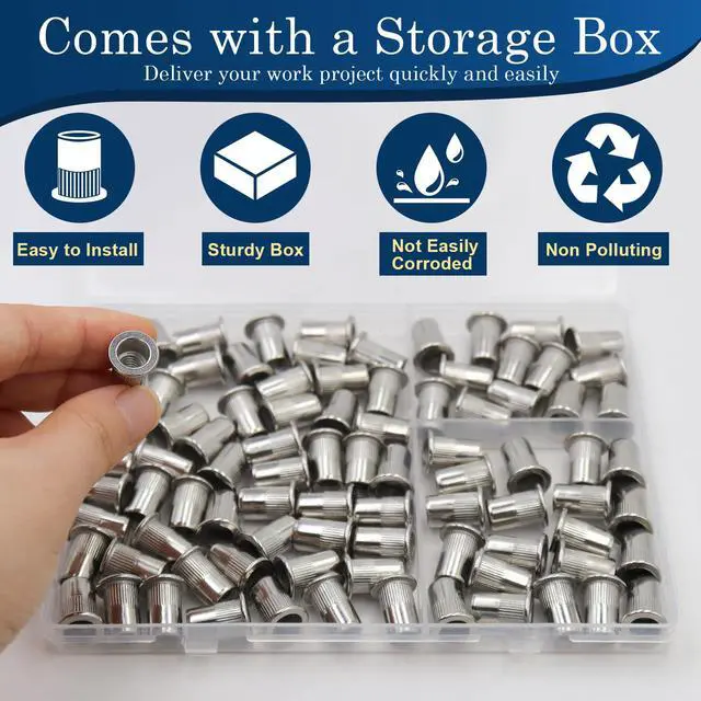 Alt view image 6 of 7 - 1/4-20 Rivet Nut,88Pcs Stainless Steel 304 Threaded Insert Rivnuts | 1/4 rivet nuts, flat head pressure rivi nutsert, 304 SS SAE threaded insert revit nut for metal